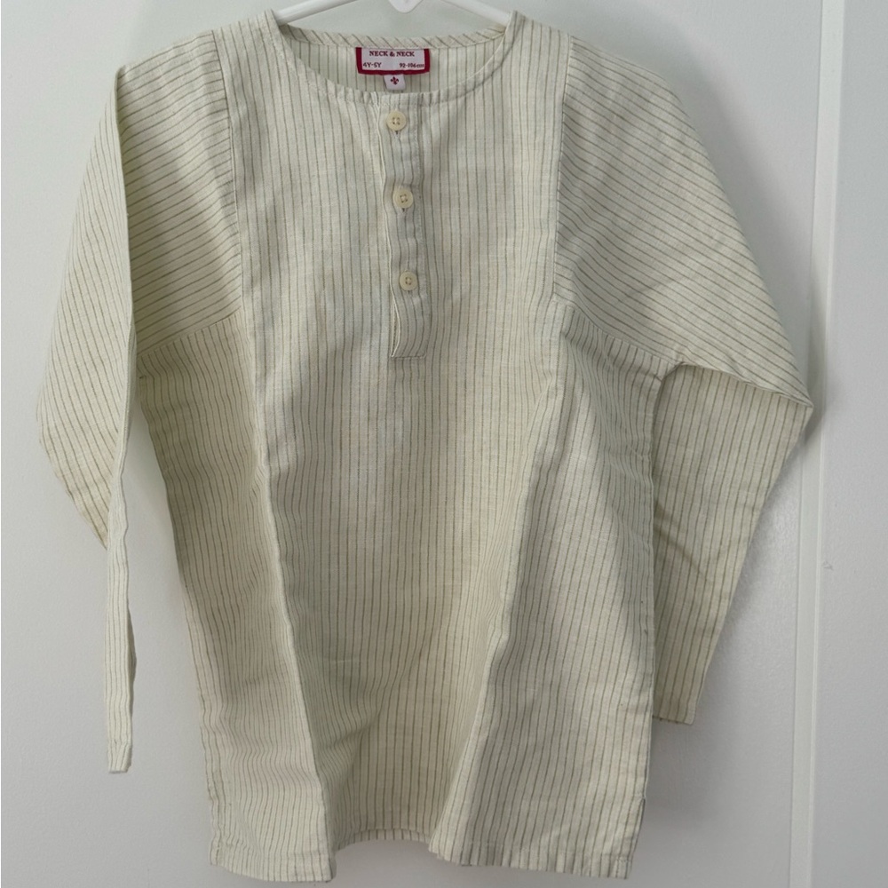 Striped Cream Long Sleeve Boys Shirt Kurta Size 3-4 Cotton